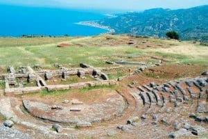 Ancient Theater of Aigeira with Corinthian Gulf in the Background